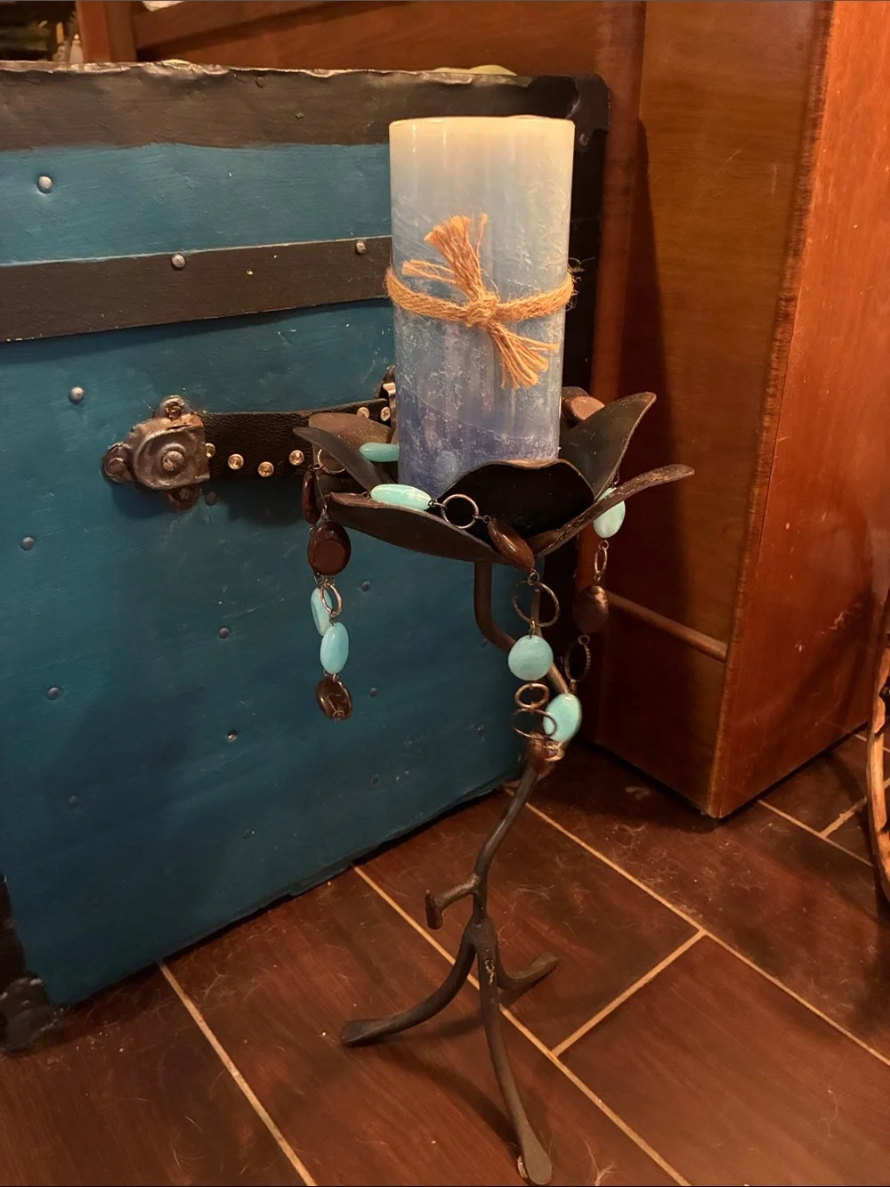 Decorative Blue Pillar Candle Holder with Turquoise Accents